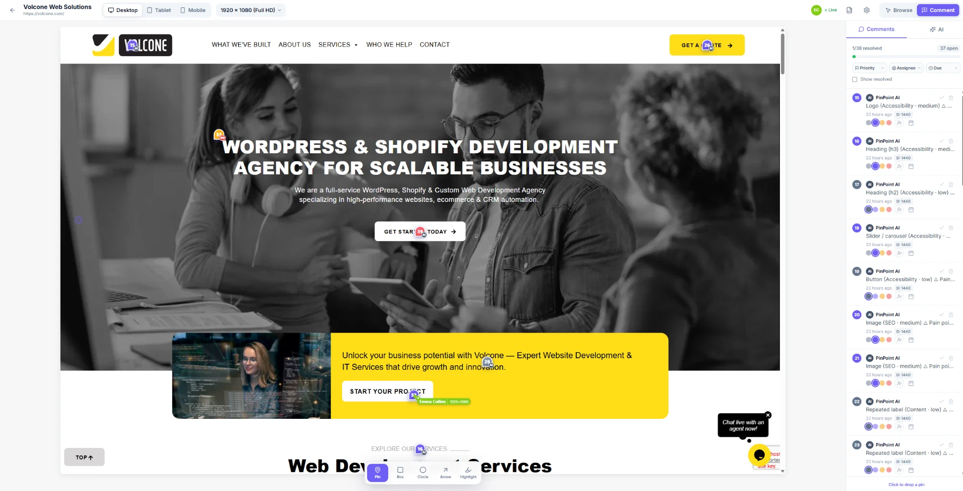 PinPoint editor with AI pins placed across a live website