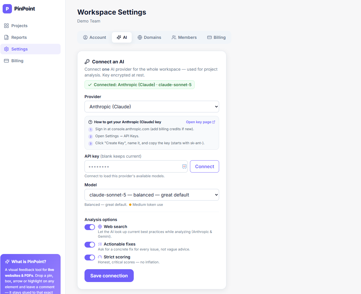 PinPoint workspace AI settings connecting an Anthropic Claude key and choosing a model